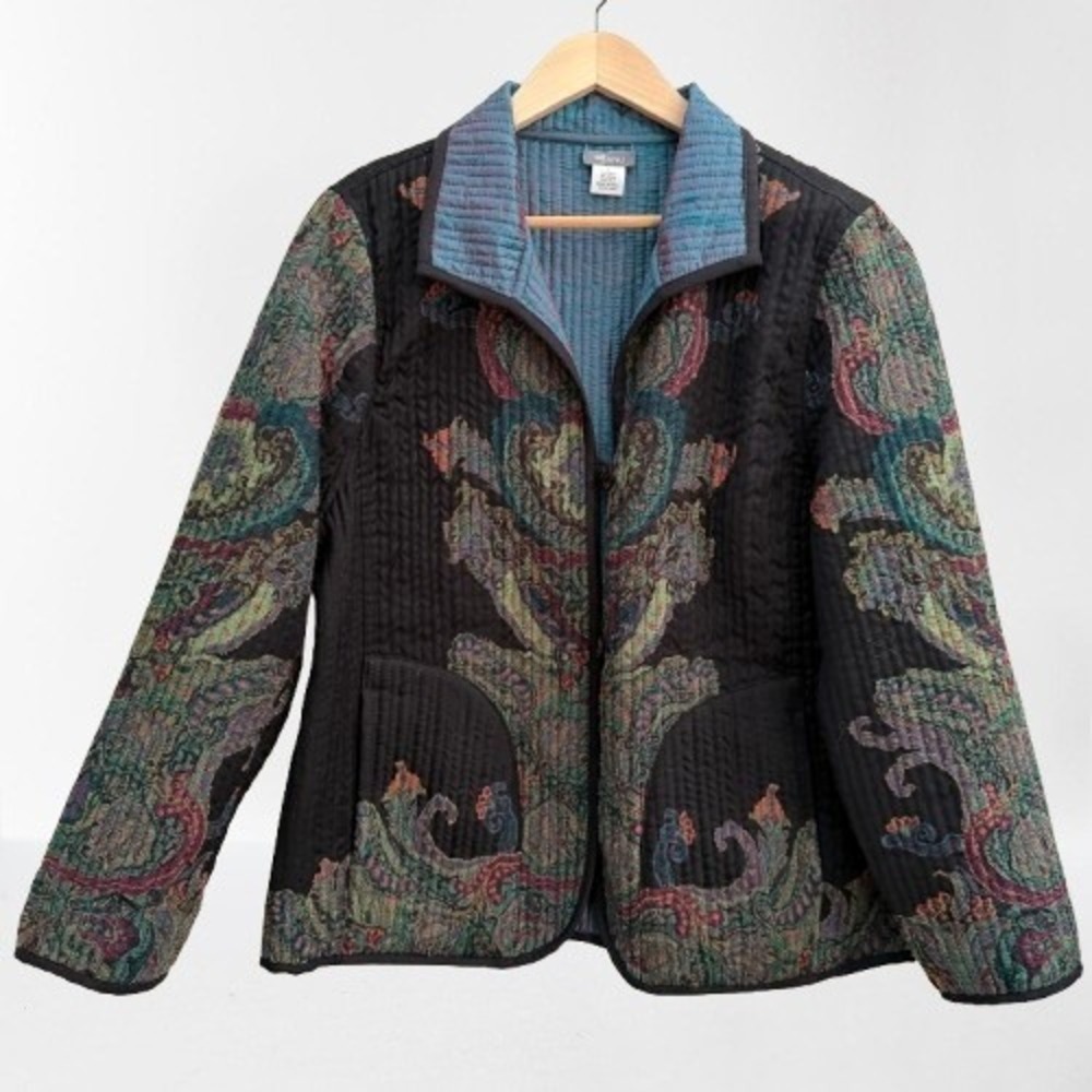 Vintage ANU Wool Silk Quilted Reversible Paisley Jacket Teal Black Large